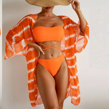 Women's chiffon three piece swimsuit with color blocking pattern and cardigan