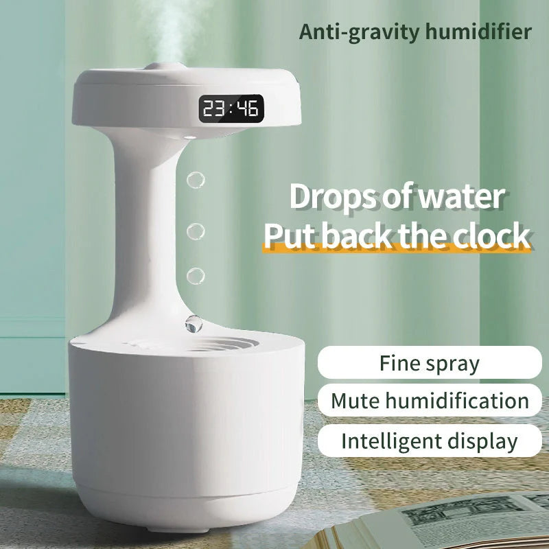 Anti-gravity humidifier with backflow water effects, ambient lighting, and sleek columnar design
