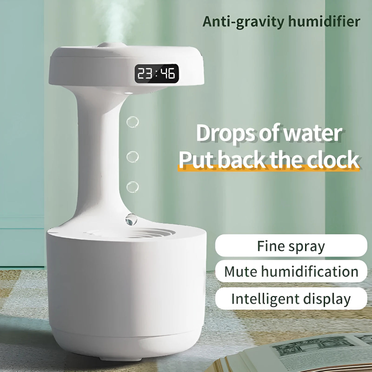 White columnar anti-gravity humidifier with LED clock display on a wooden desk