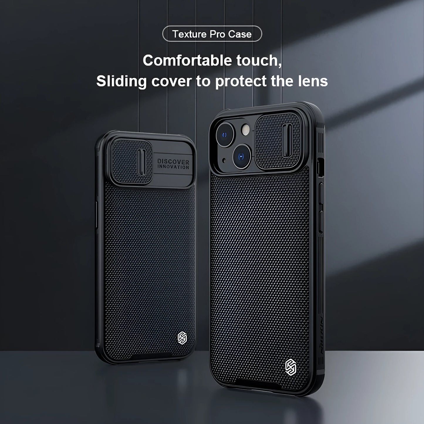 Black textured iPhone 13 Pro Max protective case with PC shell and TPU edge sliding cover