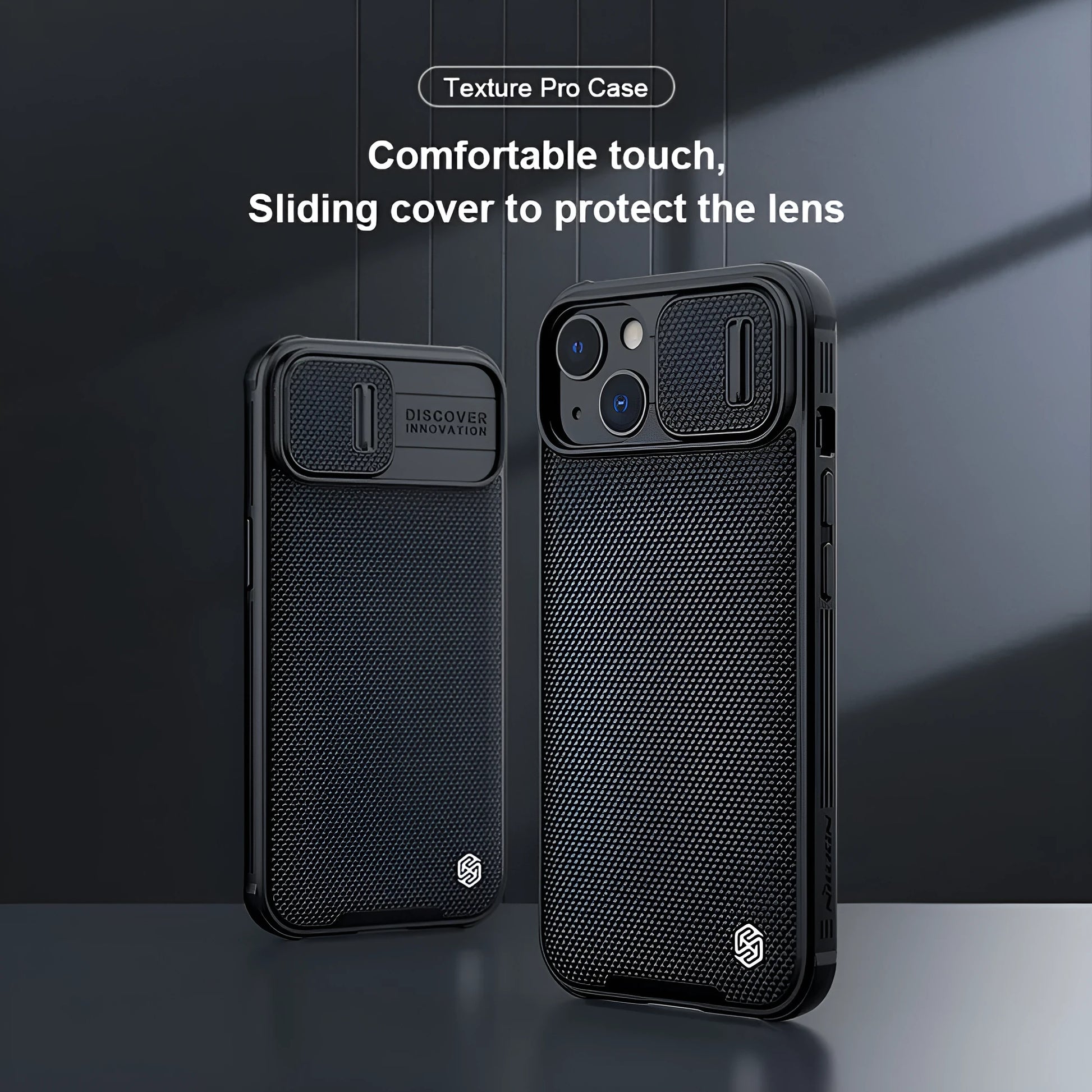 Black textured iPhone 13 Pro Max protective case with PC shell and TPU edge sliding cover