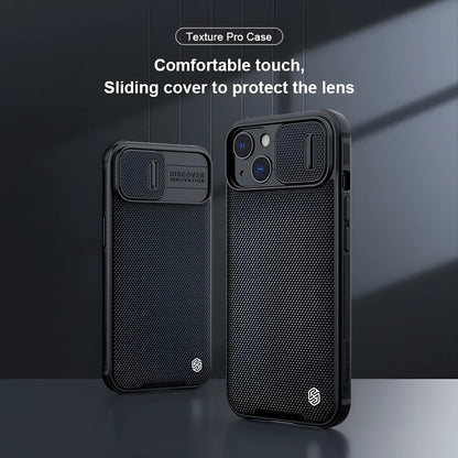 Black textured iPhone 13 Pro Max protective case with PC shell and TPU edge sliding cover