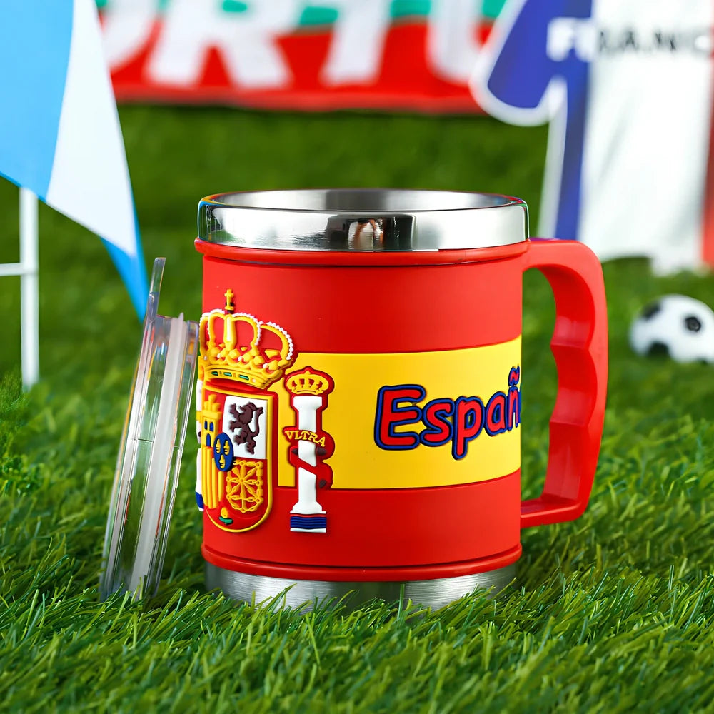 World Cup football mug in team colours with 7.6cm diameter and rubber-metal construction