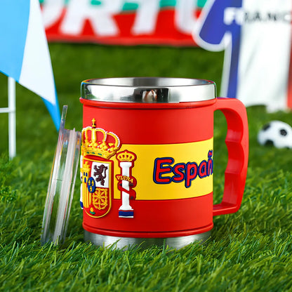 World Cup football mug in team colours with 7.6cm diameter and rubber-metal construction