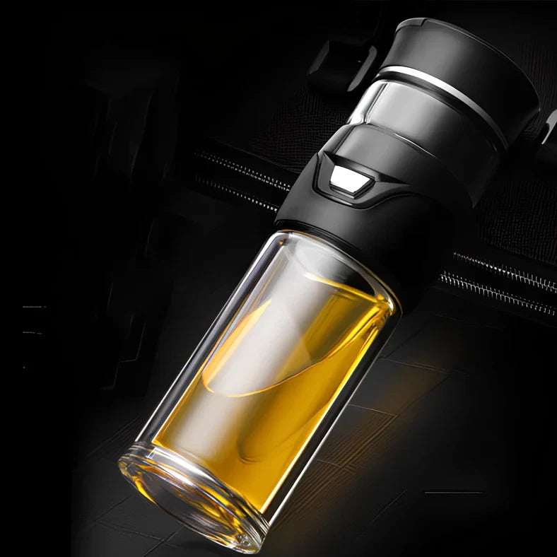 Stainless steel tea separation cup with one-button mechanism showing straight cup design and multiple colour options