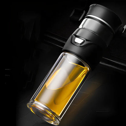 Stainless steel tea separation cup with one-button mechanism showing straight cup design and multiple colour options