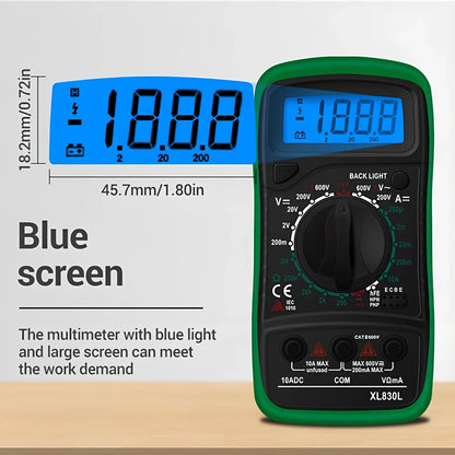 Digital multimeter with black and yellow housing showing 45x20mm LCD display for electrical measurements