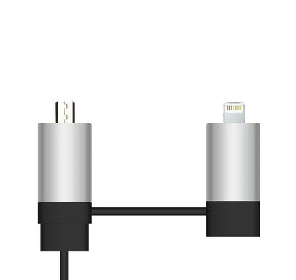 Black and gold dual USB car charger with retractable cable plugged into vehicle power socket