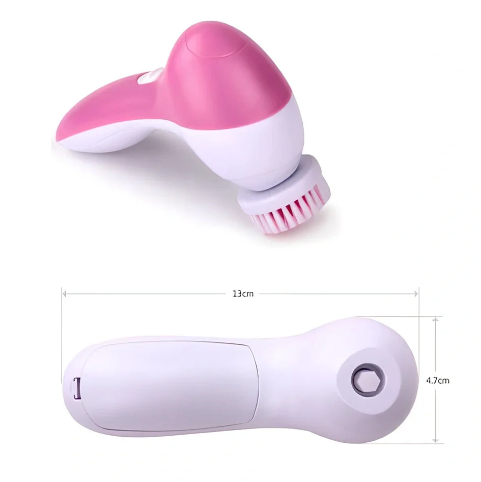 Pink electric facial cleanser with 5 attachments including soft brush, rolling massager, and sandstone head for skincare
