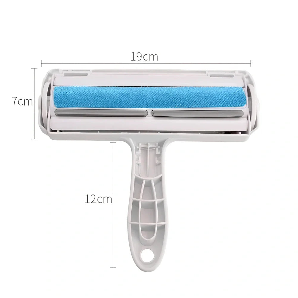 Blue pet hair removal comb with ABS plastic body and roller bristles for furniture cleaning