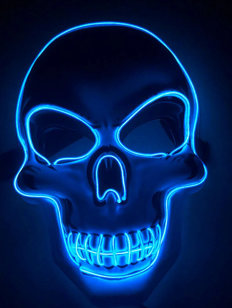 Blue LED glow skeleton mask with flashing lights on a person's face