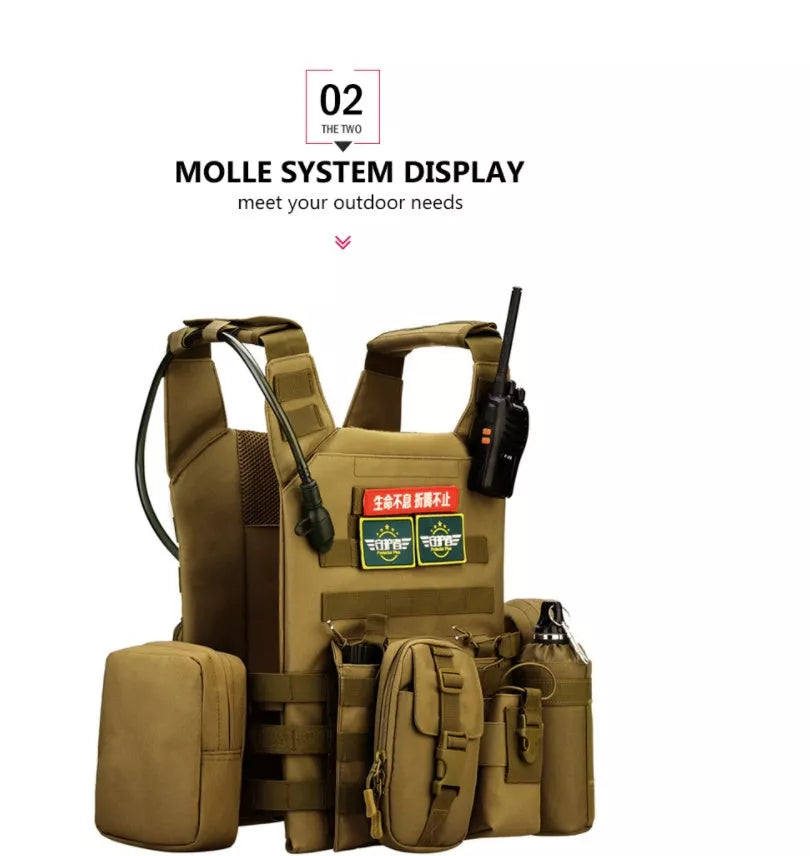 Men's adjustable molle tactical vest in khaki and army green, made from durable oxford material.