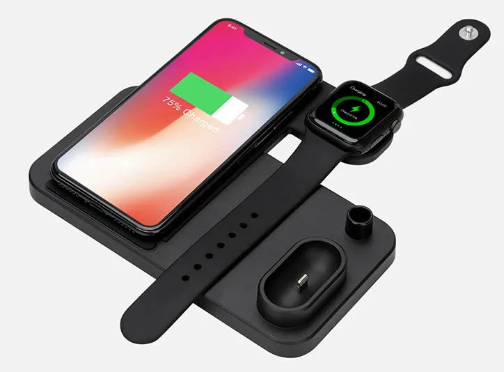4-in-1 wireless charging station with adjustable magnetic stand charging phone, watch, AirPods, and Apple Pencil