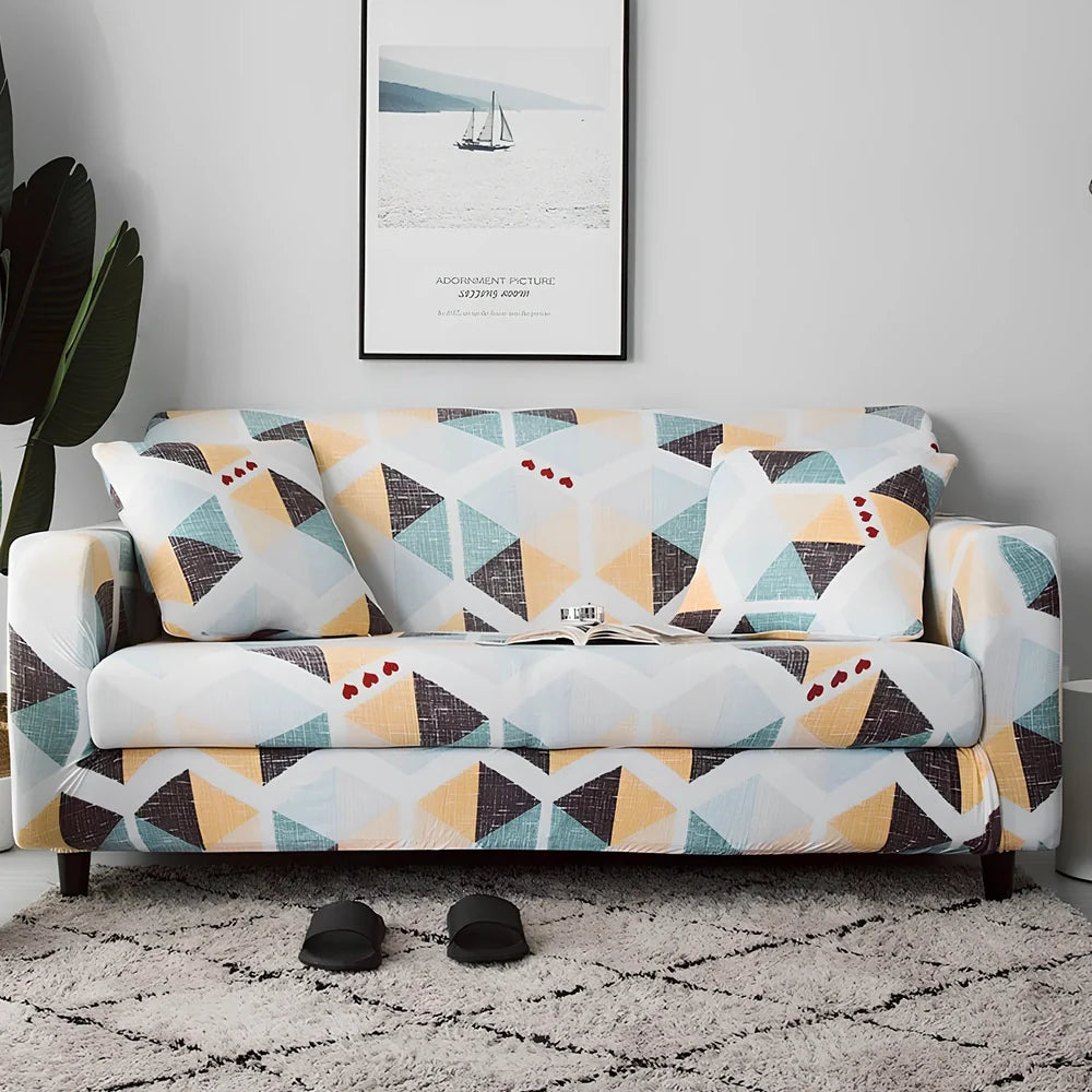 Elastic sofa cover with stripe pattern stretched over 3-seat sofa in living room setting