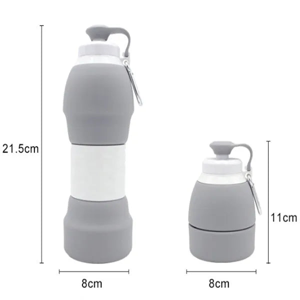 Blue silicone folding water bottle shown both extended and collapsed, next to a backpack.