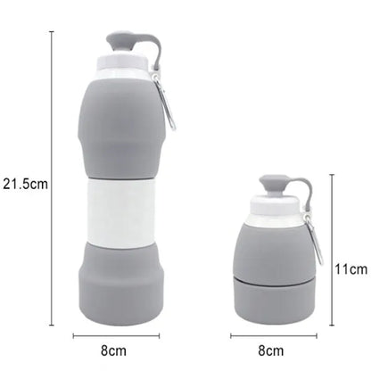 Blue silicone folding water bottle shown both extended and collapsed, next to a backpack.