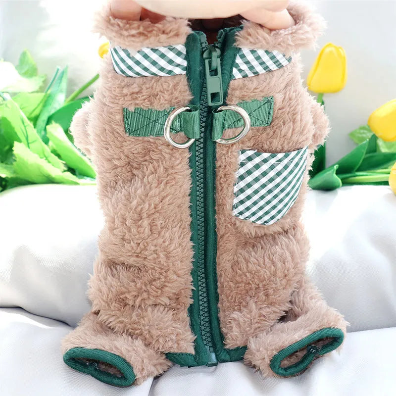 Green plush fleece dog jumpsuit coat with a back zipper and D-rings on a small dog.