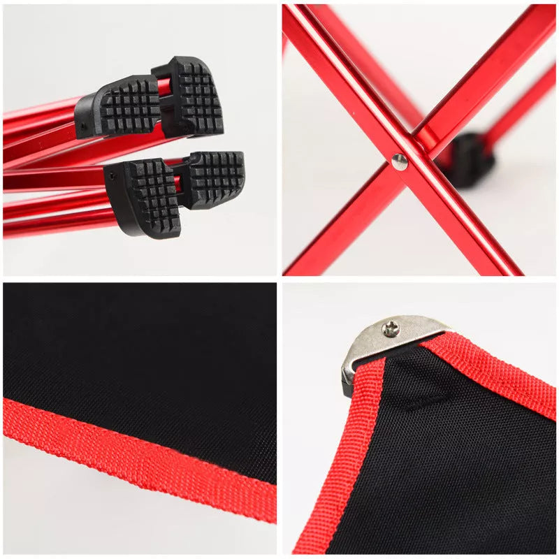 Outdoor folding stool with aluminum frame and Oxford cloth seat in red, blue, or orange