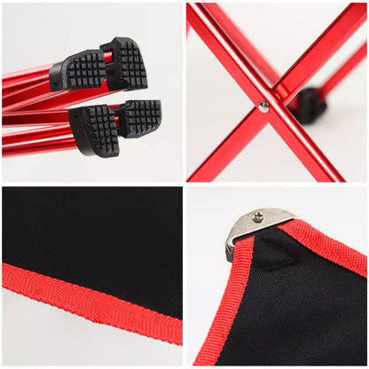 Outdoor folding stool with aluminum frame and Oxford cloth seat in red, blue, or orange