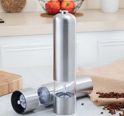 Silver stainless steel electric salt and pepper grinder with one-handed operation button