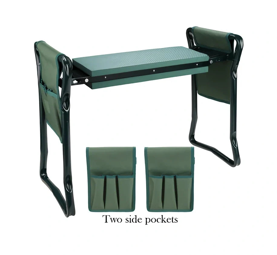 Green foldable outdoor garden bench with foam pad and side tool pouch