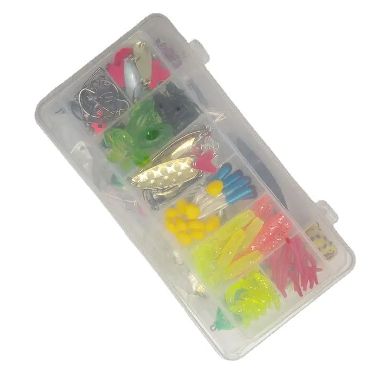 Lure Suit 142-piece fishing tackle set showing hard mino lures, sequins, and metal components arranged for display