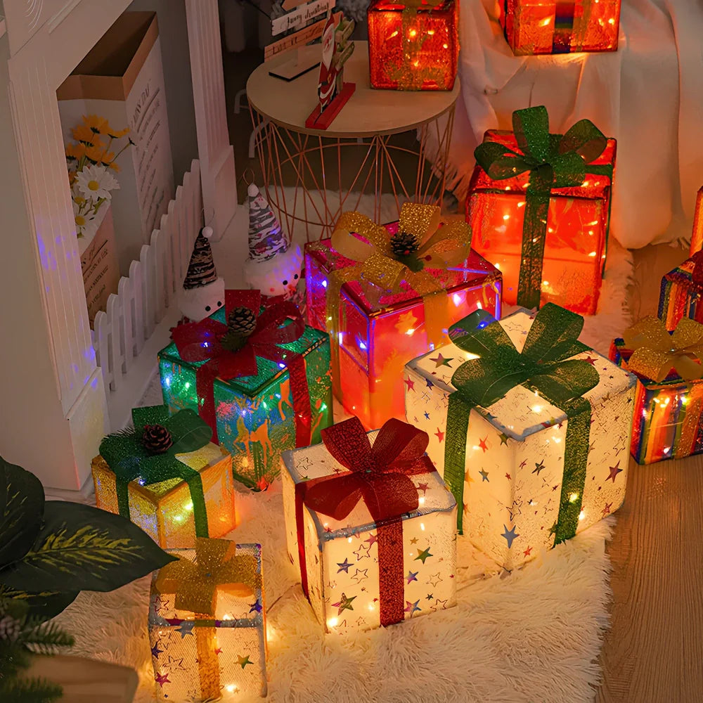 Christmas gift box three piece set with 50 LED beads and 8 lighting functions in silver star design