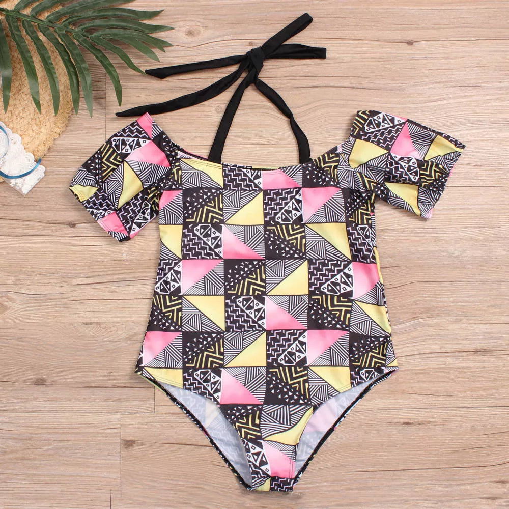 Plus-size geometric bikini with chest pad in photo color, perfect for swimming and wading sports