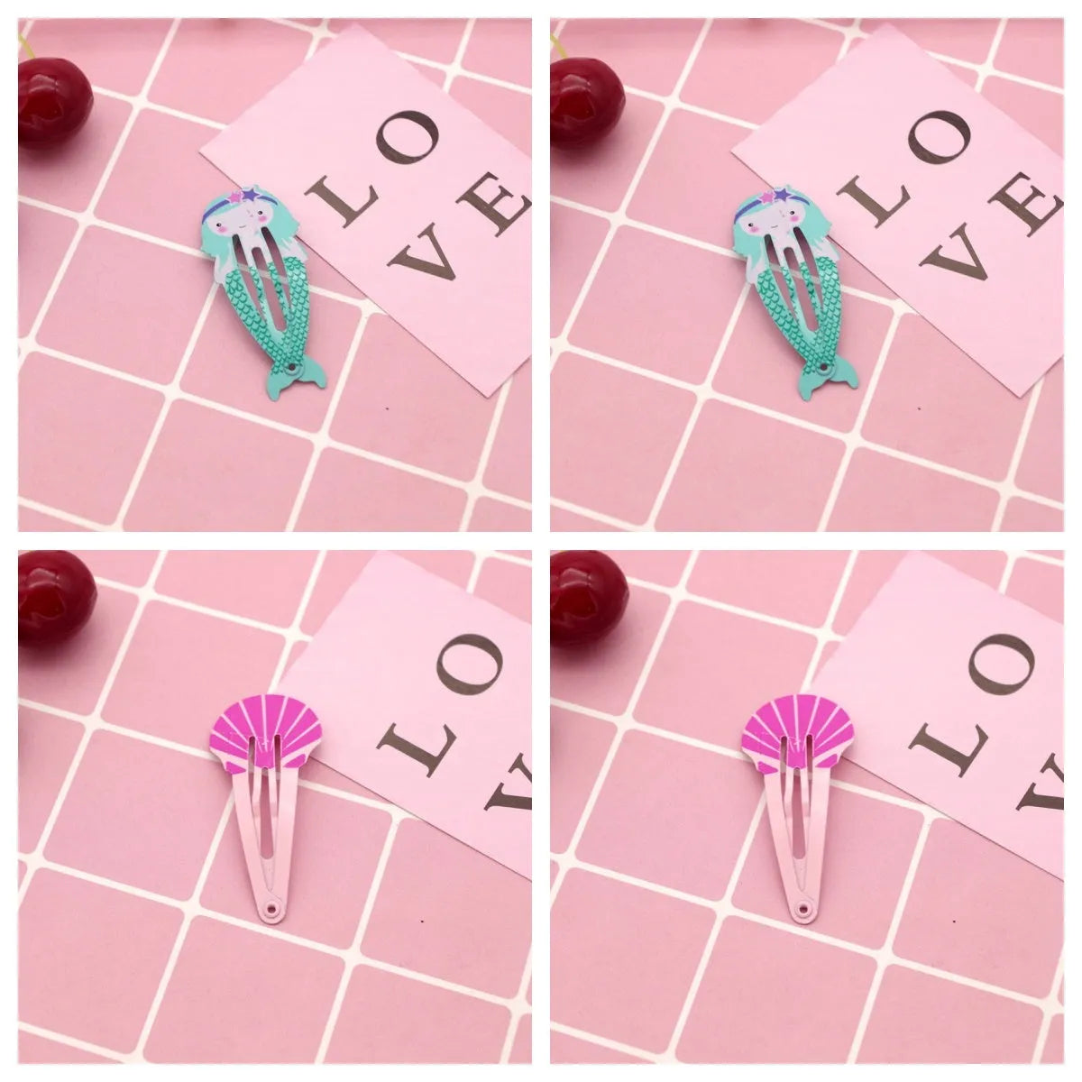 Colourful metal hair barrettes for children with printed watermelon, strawberry, pineapple and Christmas designs.