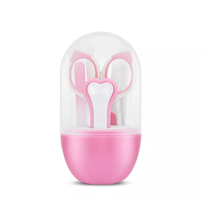 Five-piece child safety nail clippers with ergonomic grip in green, purple, and pink