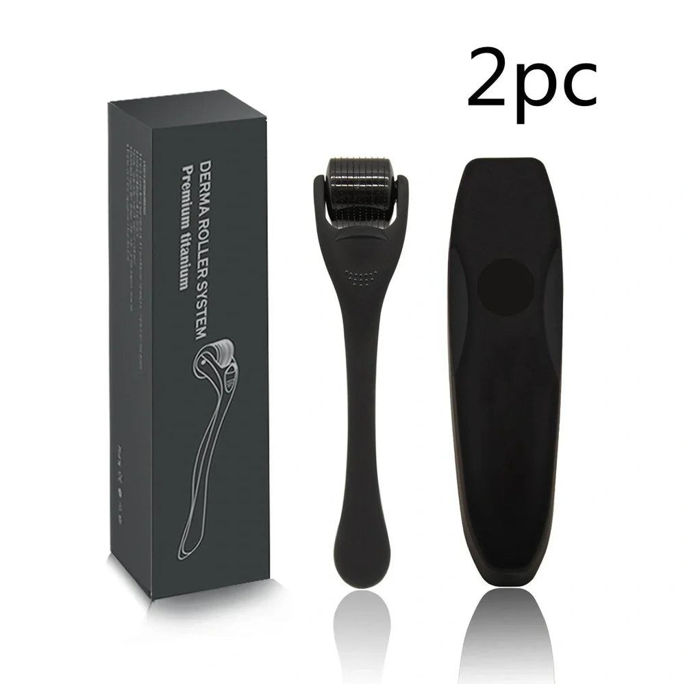 Black titanium alloy beard roller with multiple needle lengths for facial hair care