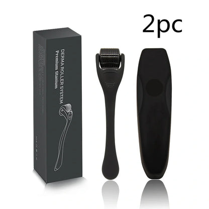 Black titanium alloy beard roller with multiple needle lengths for facial hair care