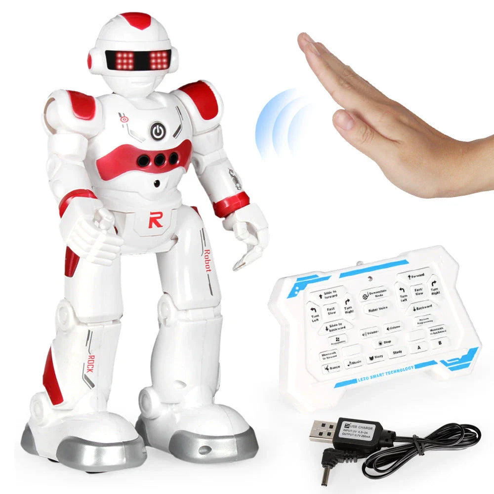 A remote-controlled robot toy with music and dance features, designed for children's entertainment and engagement.