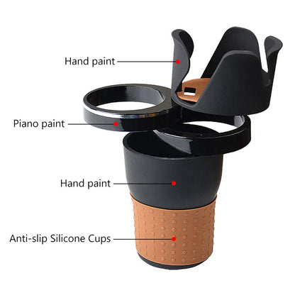 Versatile car cup holder made of ABS plastic and rubber, with a rotatable design to hold cups, bottles, and small items securely in your vehicle.