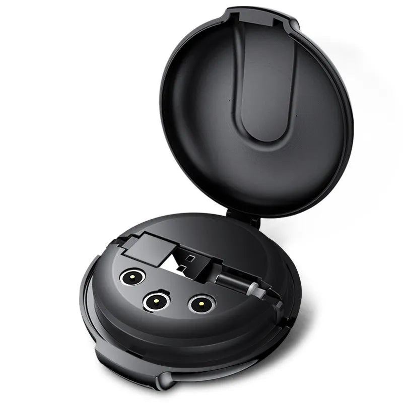 Black 3-in-1 magnetic retractable car phone charger with three charging plugs and magnetic patch
