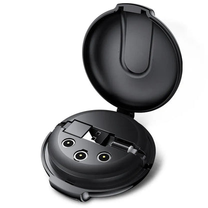 Black 3-in-1 magnetic retractable car phone charger with three charging plugs and magnetic patch