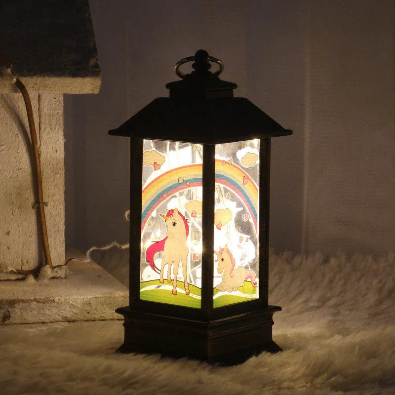 Festive LED Christmas lanterns with Santa Claus, snowman, and other holiday-themed designs