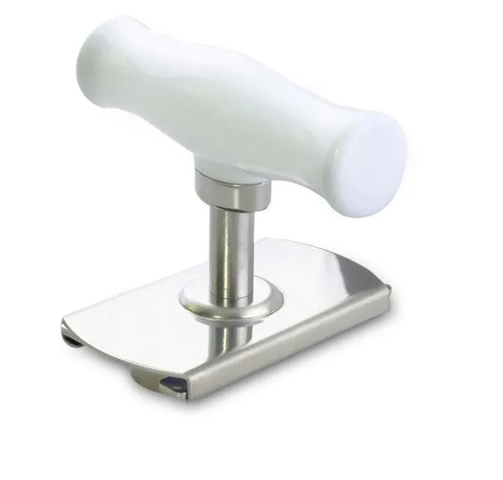 White stainless steel adjustable manual bottle opener with ABS handle on a plain background