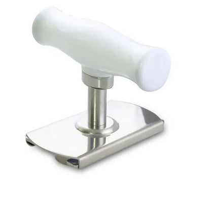 White stainless steel adjustable manual bottle opener with ABS handle on a plain background