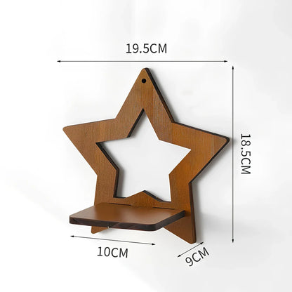 Solid wood wall shelving with irregular shape displaying plants in water bottle reservoirs with retro castle design