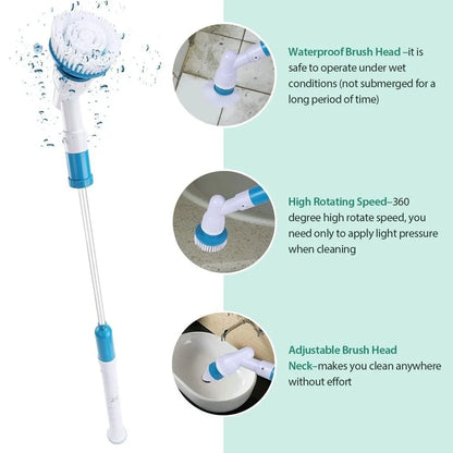 Blue rechargeable electric cleaning brush with retractable extension rod and three interchangeable brush heads