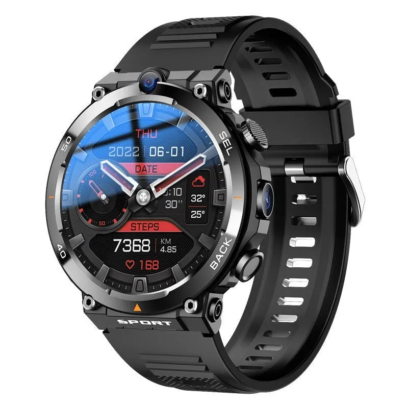 Sports smartwatch with dual cameras on a wrist, showing its touch screen interface.