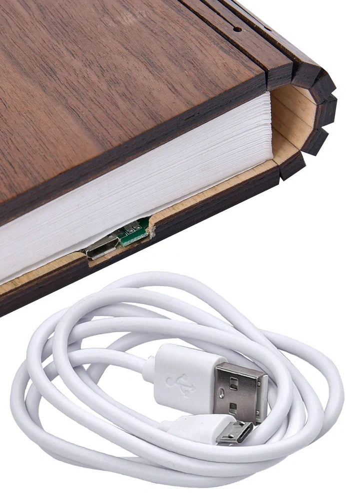 LED book lamp with wooden cover open at angle showing illuminated pages and USB cable
