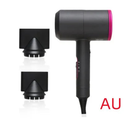 Black hotel hair dryer with 2.5m cable, concentrator nozzle, and multiple international plug adapters
