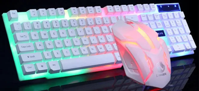 GTX300 white gaming keyboard and mouse set with colour backlighting on desk