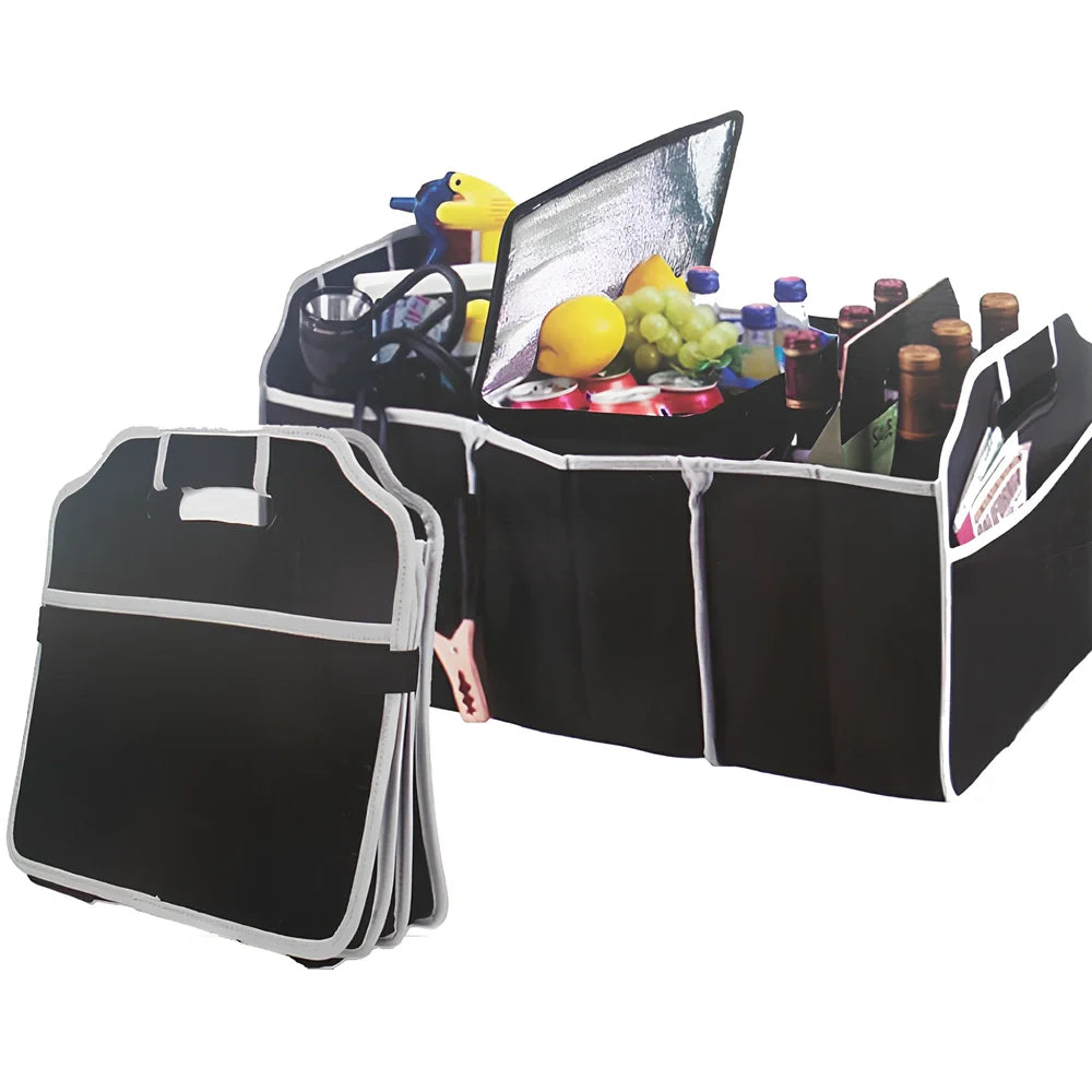 Black folding car storage box with three compartments and multiple pockets measuring 50x32.5x32.5cm
