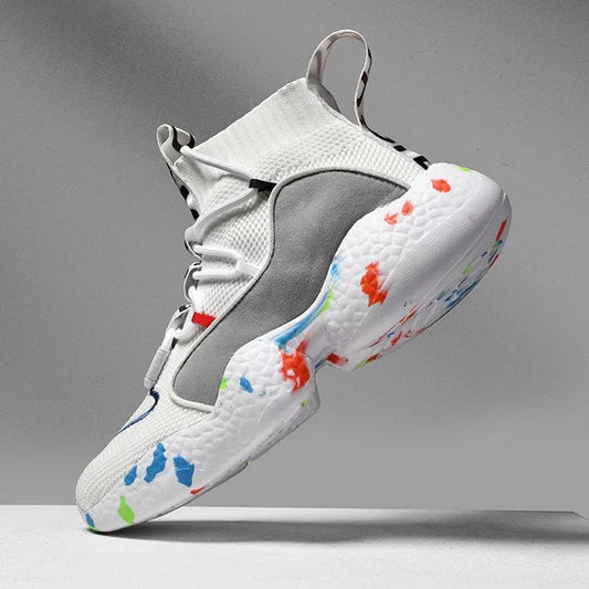 Men's camouflage sneakers with mesh upper and rubber sole, showing striped design and flat profile