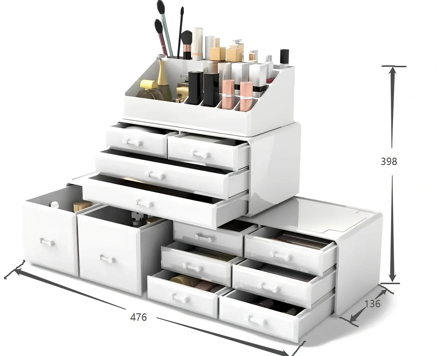 Three-layer transparent acrylic storage box for cosmetics with stackable design measuring 25cm wide