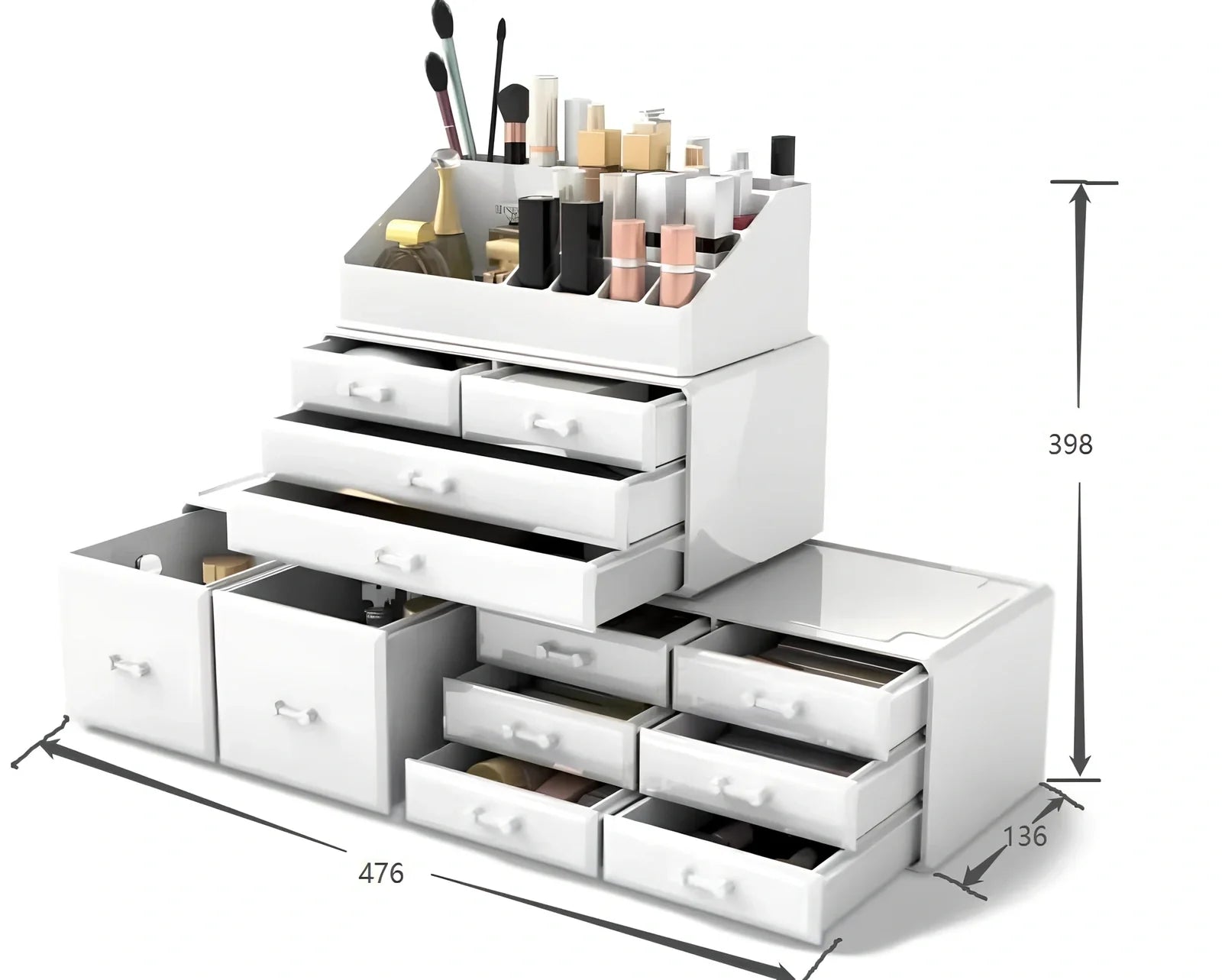 Three-layer transparent acrylic storage box for cosmetics with stackable design measuring 25cm wide