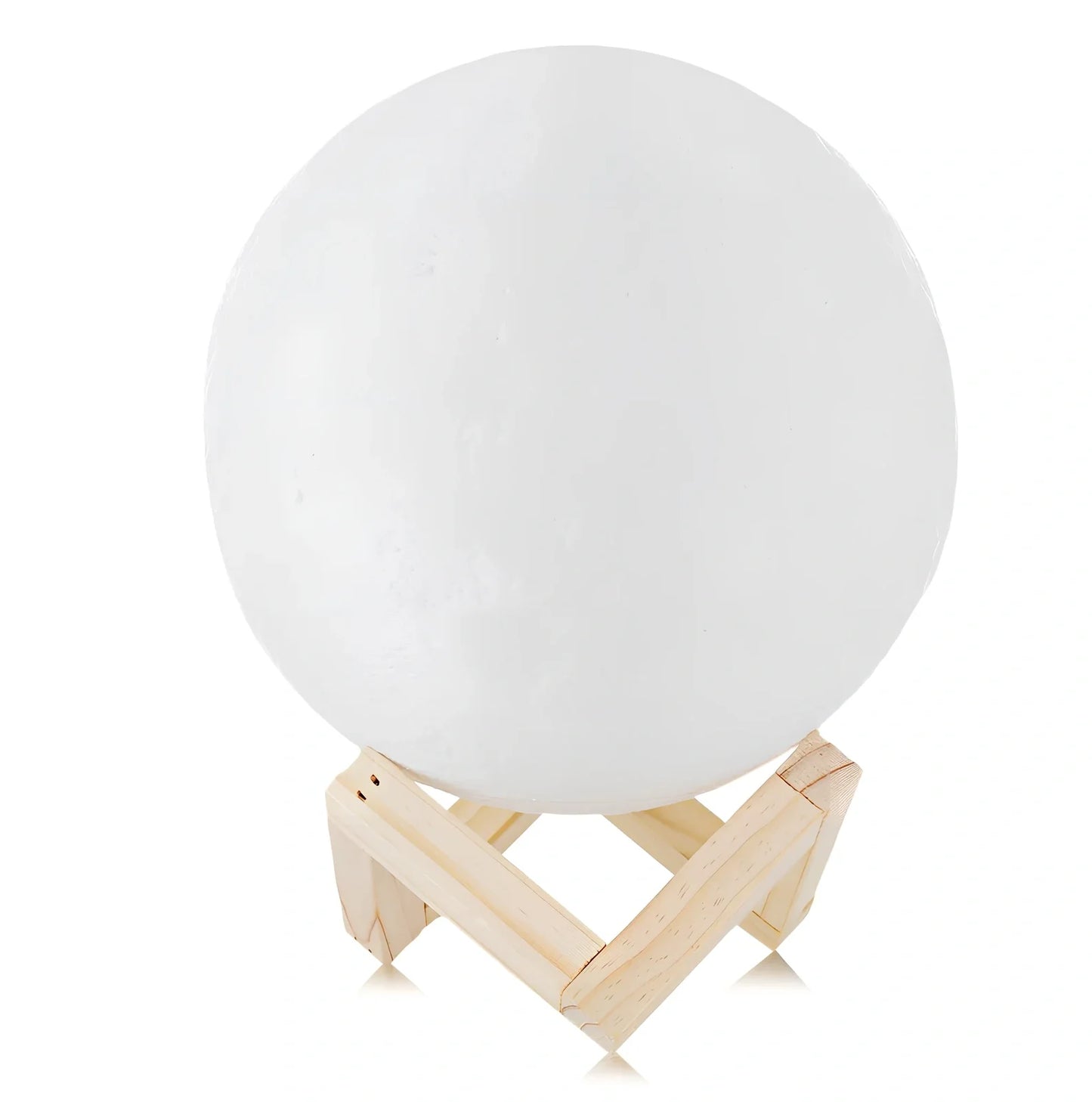 3D printed moon night light with detailed lunar surface and dual-colour LED lighting on beech wood stand